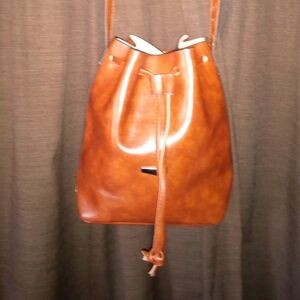 Classic Brown Leather Drawstring Bucket Bag